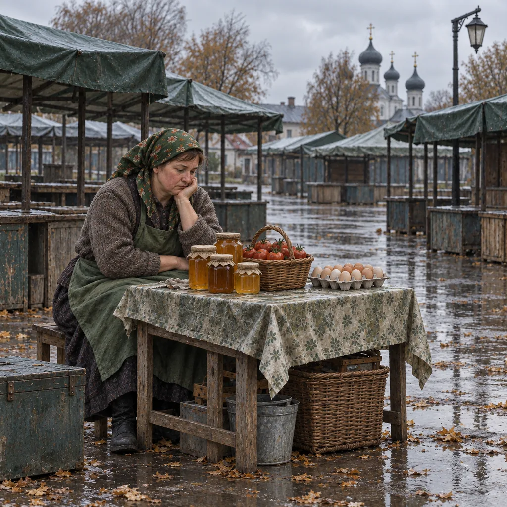 Продавец один за прилавком на пустом рынке